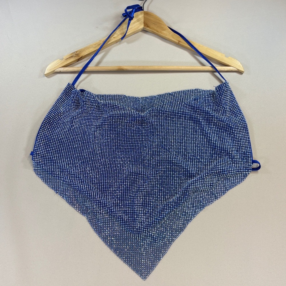 Lydia USA Rhinestone Halter Top Women OS Blue Sparkly Mesh Festival Rave Club